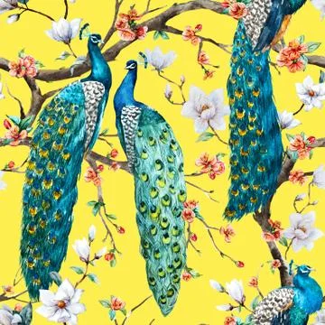Watercolor raster peacock pattern Stock Illustration