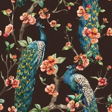 Watercolor raster peacock pattern Stock Illustration