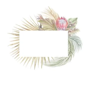 Watercolor rectangular frame with dry tropical flowers and palm leaves and Stock Illustration