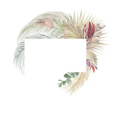 Watercolor rectangular frame with dry tropical flowers and palm leaves and Stock Illustration
