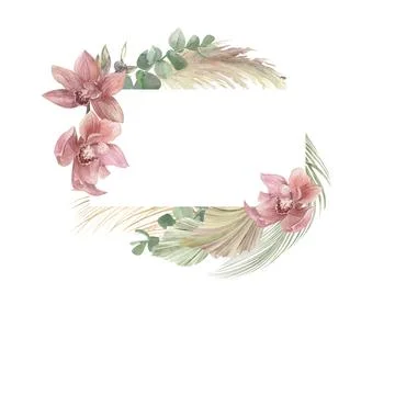 Watercolor rectangular frame with dry tropical flowers and palm leaves and Stock Illustration