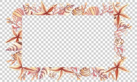 Watercolor rectangular frame with seashell spirals and stars, isolated. Stock-Illustration