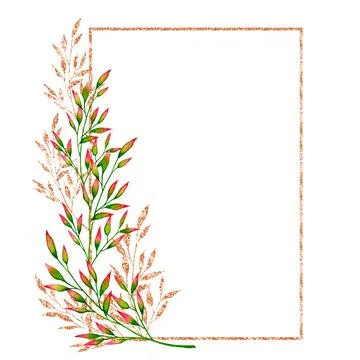 Watercolor rectangular golden frame with green and gold branches. Stock Illustration
