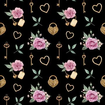 Watercolor Romantic pattern wih pink roses and golden locks and keys. Stock Illustration