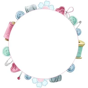 Watercolor round frame sewing elements. Stock Illustration