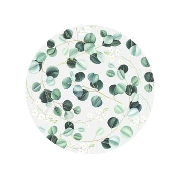 Watercolor round pattern with eucalyptus leaves and little white flowers Stock Illustration