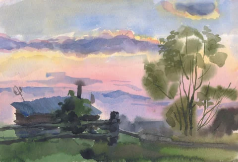 Watercolor rustic landscape Stock Photos