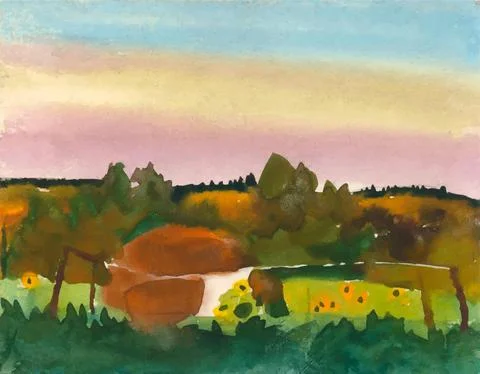 Watercolor. Rustic motif. Haystack at sunset. Watercolor painting Stock Illustration