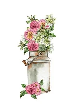 Watercolor rusty old elements and dahlia composition. Hand drawn illustrati.. Stock Illustration