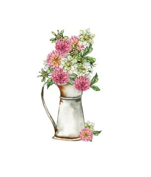 Watercolor rusty old elements and dahlia composition. Hand drawn illustrati.. Illustrazione stock