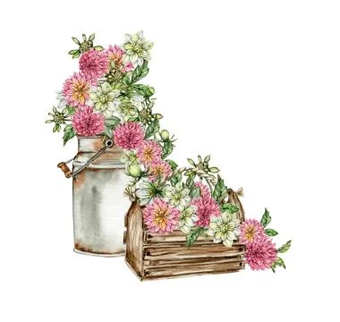Watercolor rusty old elements and dahlia composition. Hand drawn illustrati.. Stock-Illustration