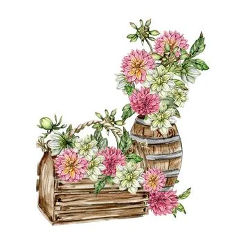 Watercolor rusty old elements and dahlia composition. Hand drawn illustrati.. Illustrazione stock