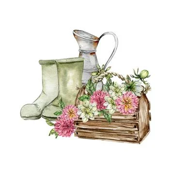 Watercolor rusty old elements and dahlia composition. Hand drawn illustrati.. Stock Illustration