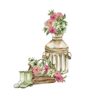 Watercolor rusty old elements and dahlia composition. Hand drawn illustrati.. Stock Illustration