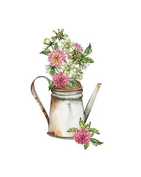Watercolor rusty old elements and dahlia composition. Hand drawn illustrati.. Illustrazione stock
