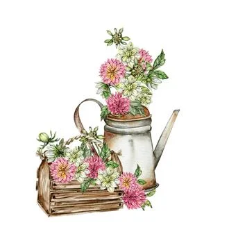 Watercolor rusty old elements and dahlia composition. Hand drawn illustrati.. Stockillustratie