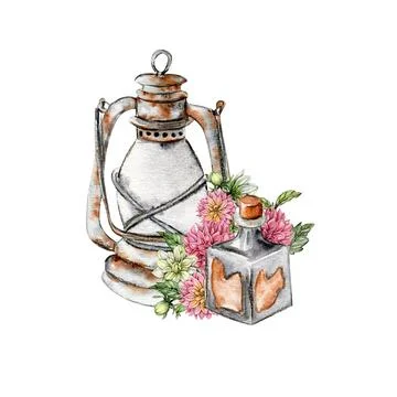 Watercolor rusty old elements and dahlia composition. Hand drawn illustrati.. Illustrazione stock