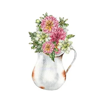 Watercolor rusty old elements and dahlia composition. Hand drawn illustrati.. Stock Illustration