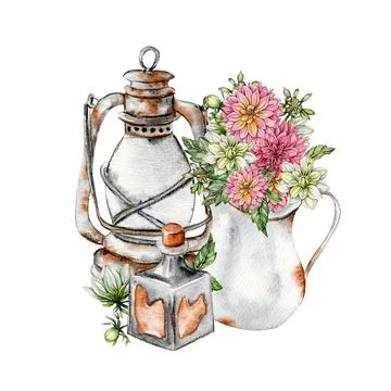 Watercolor rusty old elements and dahlia composition. Hand drawn illustrati.. Stock Illustration