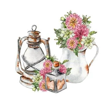 Watercolor rusty old elements and dahlia composition. Hand drawn illustrati.. Stockillustratie