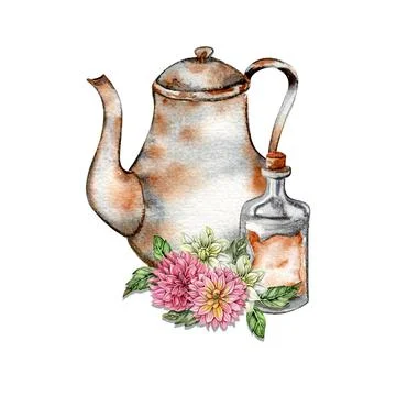 Watercolor rusty old elements and dahlia composition. Hand drawn illustrati.. Illustrazione stock