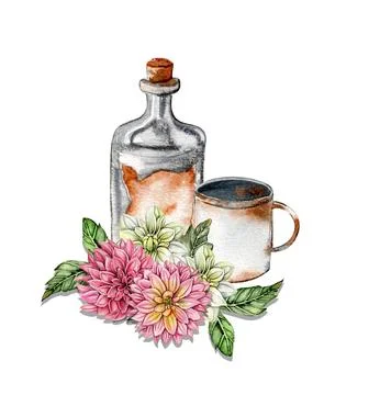 Watercolor rusty old elements and dahlia composition. Hand drawn illustrati.. Stock Illustration