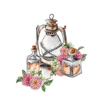 Watercolor rusty old elements and dahlia composition. Hand drawn illustrati.. Stock Illustration