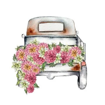 Watercolor rusty old elements and dahlia composition. Hand drawn illustrati.. Stock Illustration