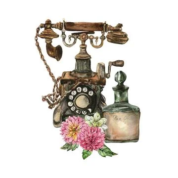 Watercolor rusty old elements and dahlia composition. Hand drawn illustrati.. Stock Illustration
