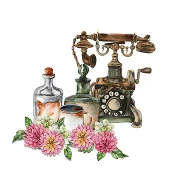Watercolor rusty old elements and dahlia composition. Hand drawn illustrati.. Stock Illustration