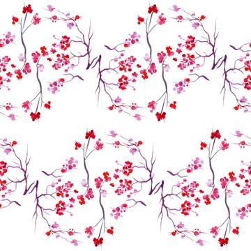 Watercolor sakura pattern. Seamless texture with blossom cherry tree branches Stock Illustration