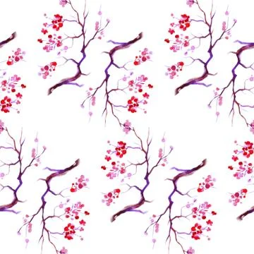 Watercolor sakura pattern. Seamless texture with blossom cherry tree branches Stock Illustration