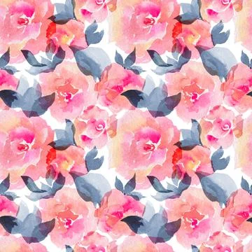 Watercolor samless pattern of rose flowers and leves Stock Illustration