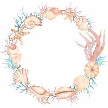 Watercolor sea objects wreath, shell and corals, starfish and pearl, invita.. Stock Illustration
