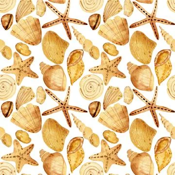 Watercolor sea shells seamless pattern. Illustration with sea shells, stars a Stock Illustration