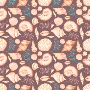Watercolor sea shells seamless pattern, hand drawn summer ocen decor repeat 스톡 일러스트