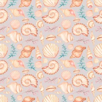 Watercolor sea shells seamless pattern, hand drawn summer ocen decor repeat Stock Illustration