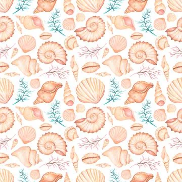 Watercolor sea shells seamless pattern, hand drawn summer ocen decor repeat Illustrazione stock