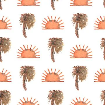 Watercolor seamless abstract pattern, hand painted palm tree, sun paper. Vi.. Stock Illustration