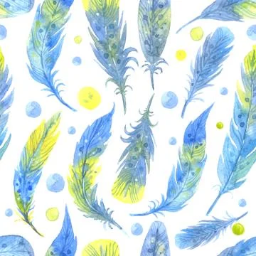 Watercolor seamless boho pattern with feathers. Hand Drawn Illustration on white Stock Illustration