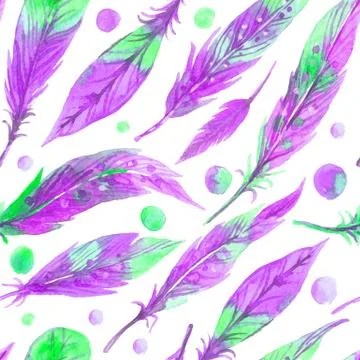 Watercolor seamless boho pattern with feathers. Hand Drawn Illustration on white Illustrazione stock