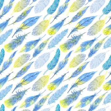 Watercolor seamless boho pattern with feathers. Hand Drawn Illustration on white Stock Illustration