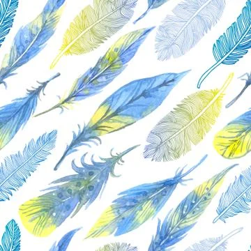 Watercolor seamless boho pattern with feathers. Hand Drawn Illustration on white Illustrazione stock
