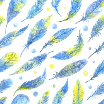 Watercolor seamless boho pattern with feathers. Hand Painted Illustration on Stock Illustration