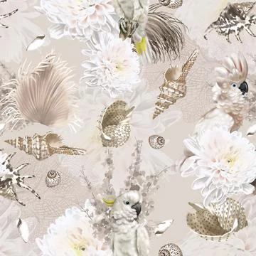 Watercolor seamless boho pattern. parrots, flowers and shells. beige pattern 스톡 일러스트