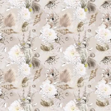 Watercolor seamless boho pattern. parrots, flowers and shells. beige pattern Illustrazione stock