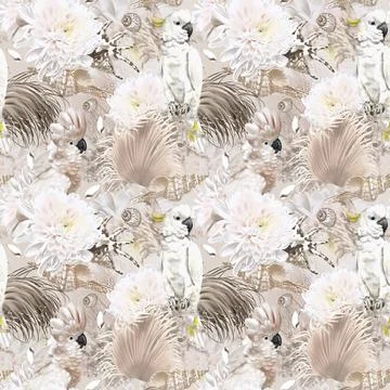 Watercolor seamless boho pattern. parrots, flowers and shells. beige pattern Stock Illustration