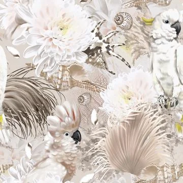 Watercolor seamless boho pattern. parrots, flowers and shells. beige pattern イラスト素材