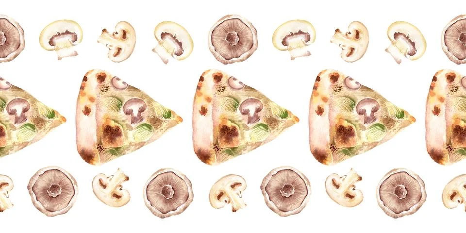 Watercolor seamless border with different types of fresh pizza Stock Illustration
