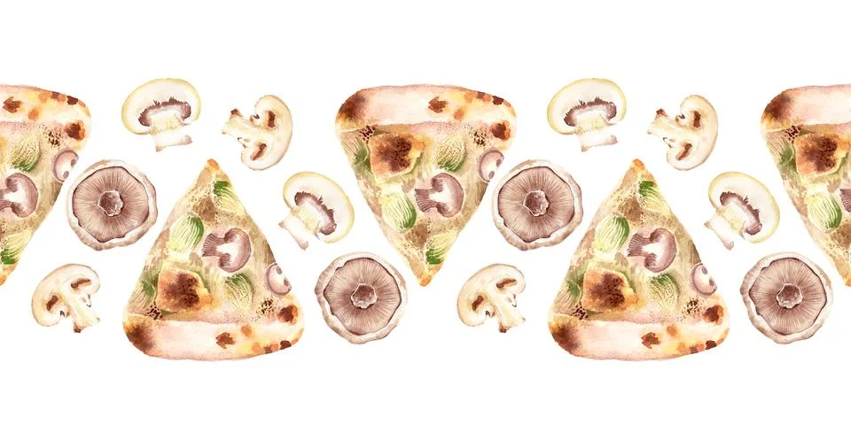 Watercolor seamless border with different types of fresh pizza Stock Illustration